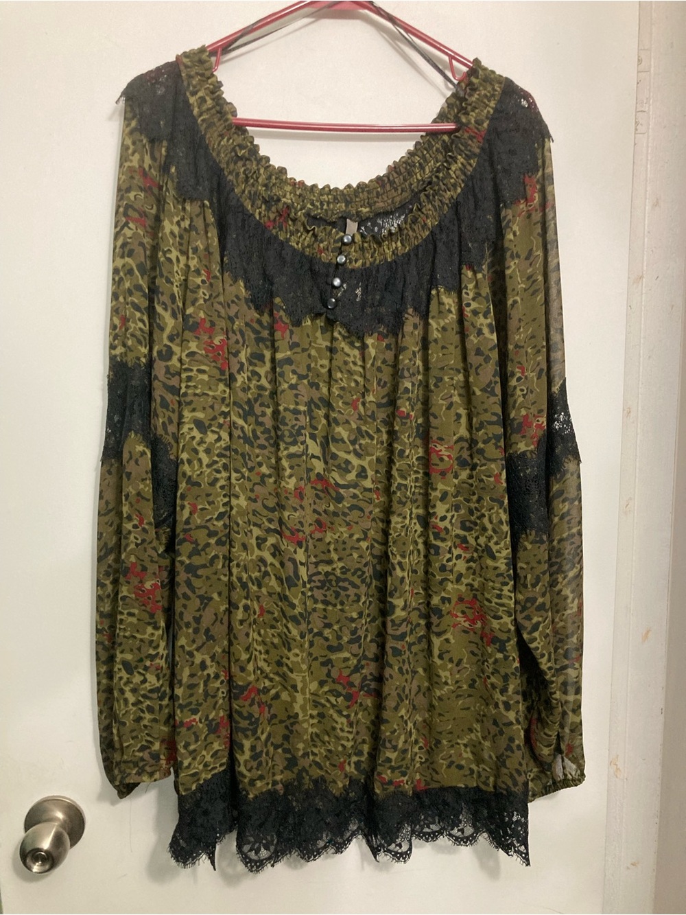 Penningtons Womens Plus 4X Long Sleeve Top Leopard Print Lace Trim Sheer Sexy